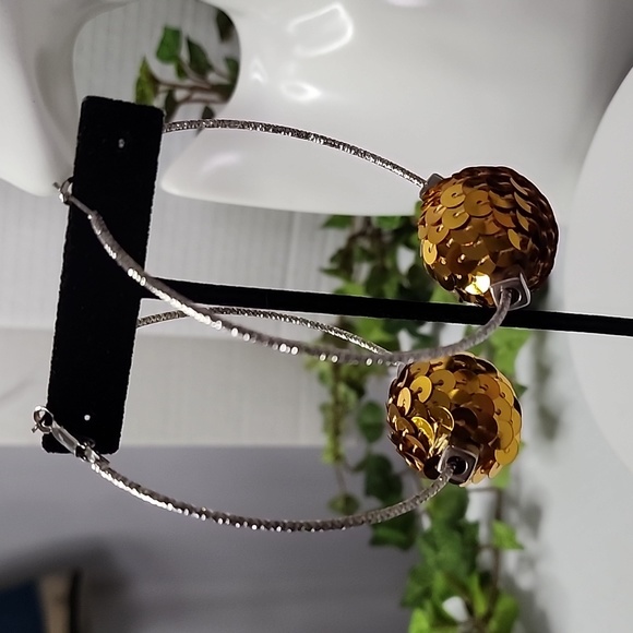 Large Silver Statement Hoop Earrings with Gold Sequin Disco Ball New - Picture 5 of 7